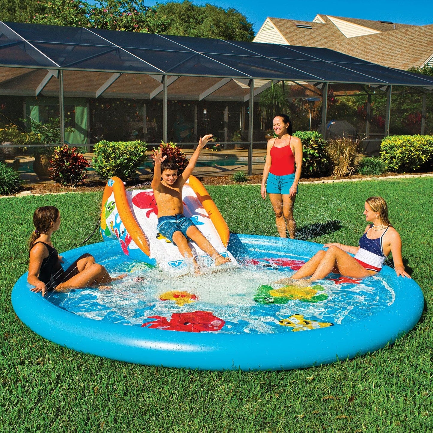 Under the Sea 10 Ft Diameter Inflatable Splash Pad Wading Pool with Sprinkler