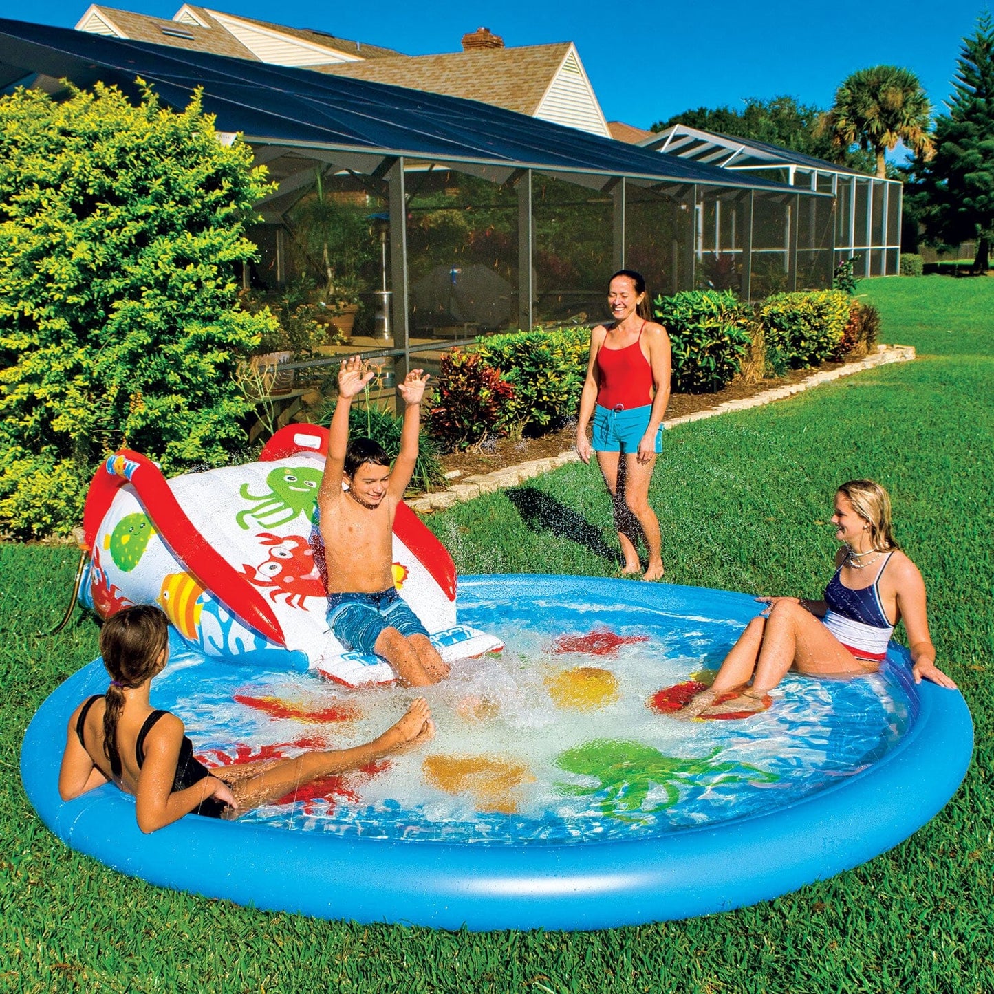 Under the Sea 10 Ft Diameter Inflatable Splash Pad Wading Pool with Sprinkler